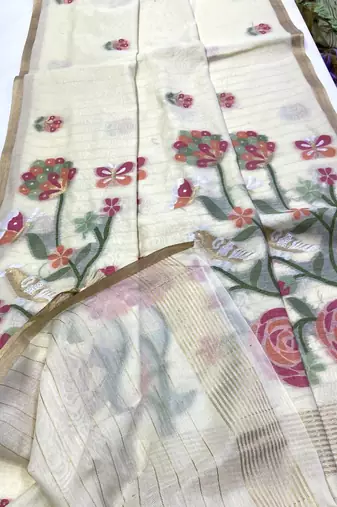 White Color Zari Weaving  cotton Saree