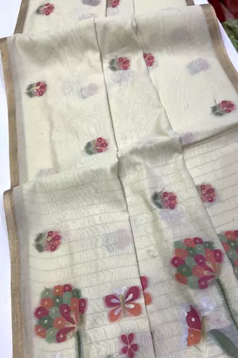White Color Zari Weaving  cotton Saree