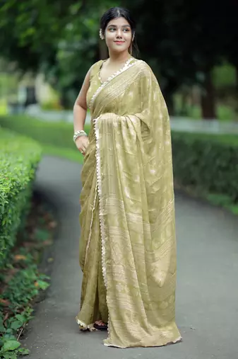 paisle print chiffon saree with unstitched blouse piece (green)