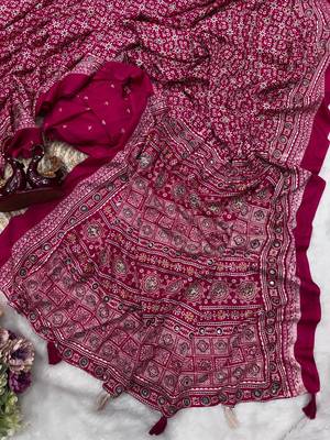 Rani Pink Color Ajarakh print Zari and Real mirror work Saree Crepe Silk Saree 1
