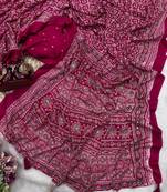 Rani Pink Color Ajarakh print Zari and Real mirror work Saree Crepe Silk Saree