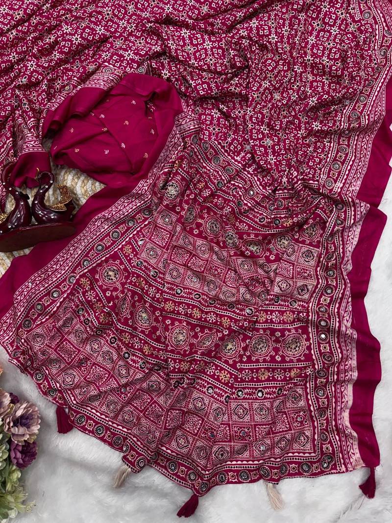 Rani Pink Color Ajarakh print Zari and Real mirror work Saree Crepe Silk Saree