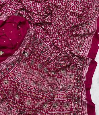 Rani Pink Color Ajarakh print Zari and Real mirror work Saree Crepe Silk Saree 2
