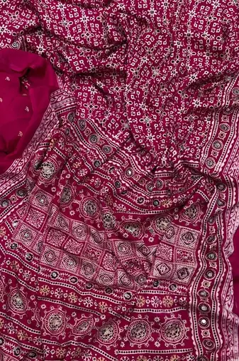 Rani Pink Color Ajarakh print Zari and Real mirror work Saree Crepe Silk Saree