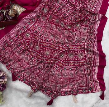 Rani Pink Color Ajarakh print Zari and Real mirror work Saree Crepe Silk Saree 3