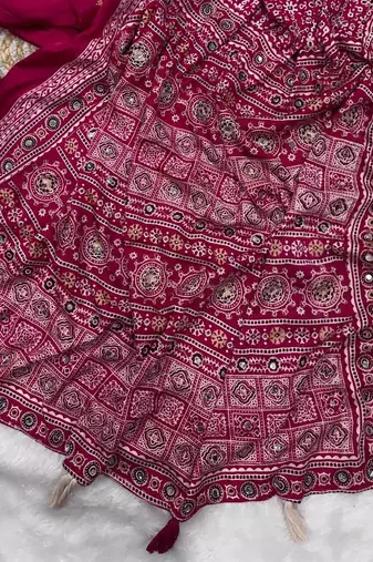 Rani Pink Color Ajarakh print Zari and Real mirror work Saree Crepe Silk Saree