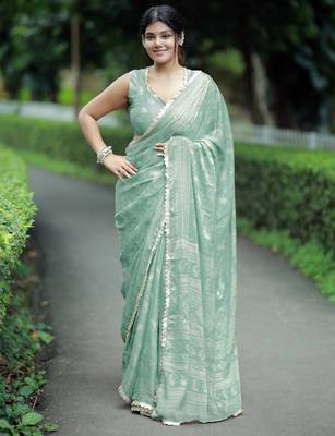 paisle print chiffon saree with unstitched blouse piece (teal) 1