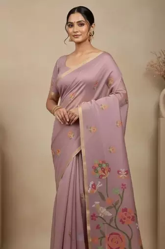 Lavender Color Zari Weaving  cotton Saree