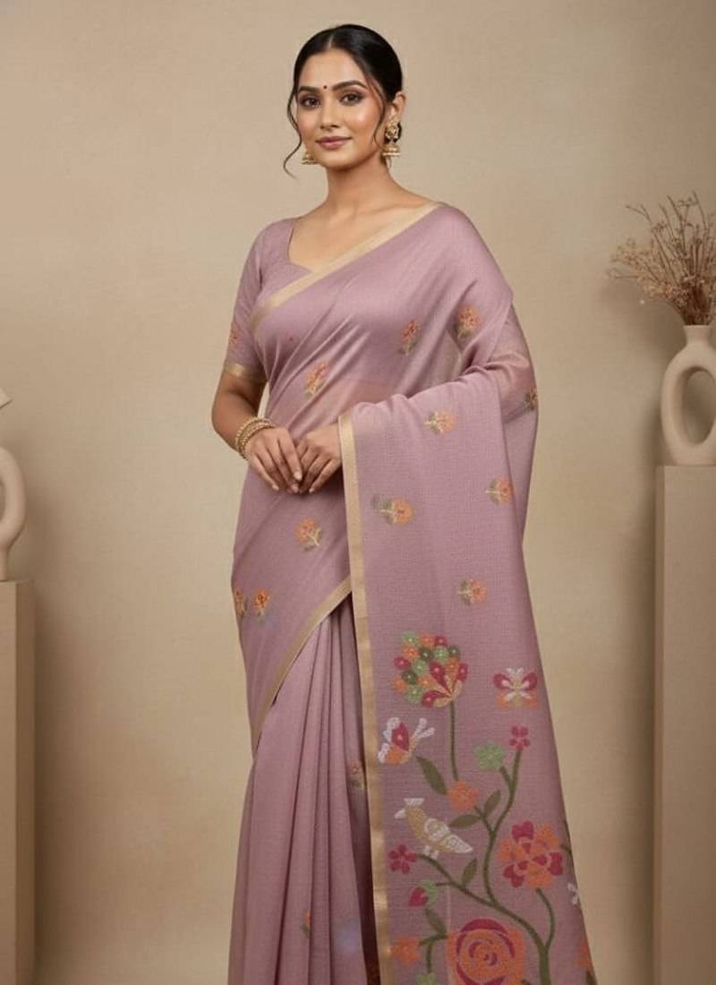 Lavender Color Zari Weaving  cotton Saree