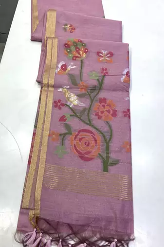 Lavender Color Zari Weaving  cotton Saree