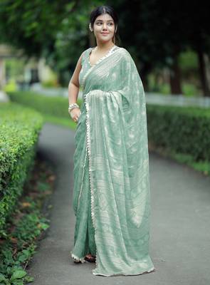 paisle print chiffon saree with unstitched blouse piece (teal) 2
