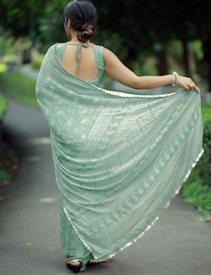 paisle print chiffon saree with unstitched blouse piece (teal) 4