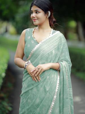 paisle print chiffon saree with unstitched blouse piece (teal) 5