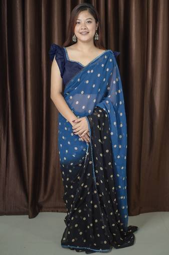 Mirchi fashion polka print georgette saree with unstitched blouse piece (grey)