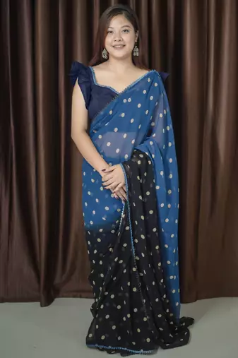 Mirchi fashion polka print georgette saree with unstitched blouse piece (grey)