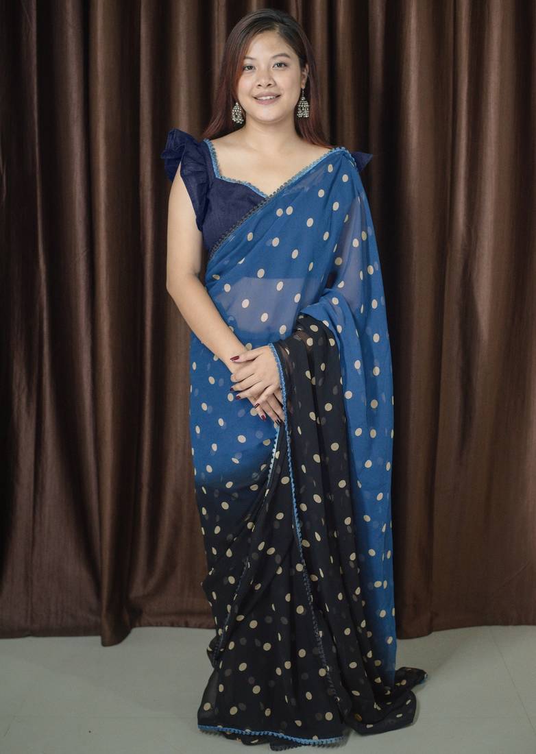 Mirchi fashion polka print georgette saree with unstitched blouse piece (black)