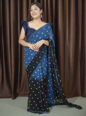 polka print georgette saree with unstitched blouse piece (grey) 2
