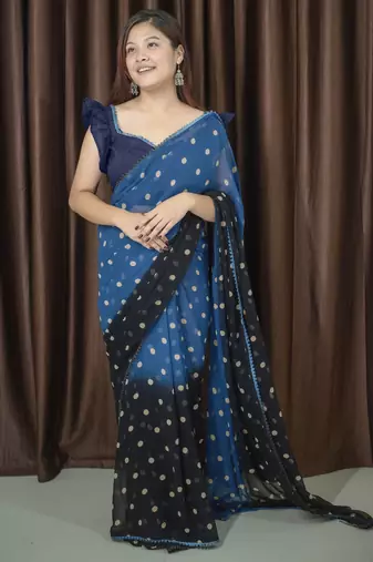 polka print georgette saree with unstitched blouse piece (grey)