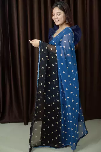 polka print georgette saree with unstitched blouse piece (grey)