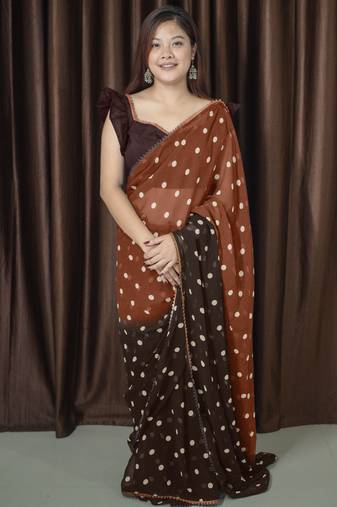 Mirchi fashion polka print georgette saree with unstitched blouse piece (brown)