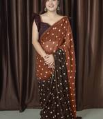 Mirchi fashion polka print georgette saree with unstitched blouse piece (brown)
