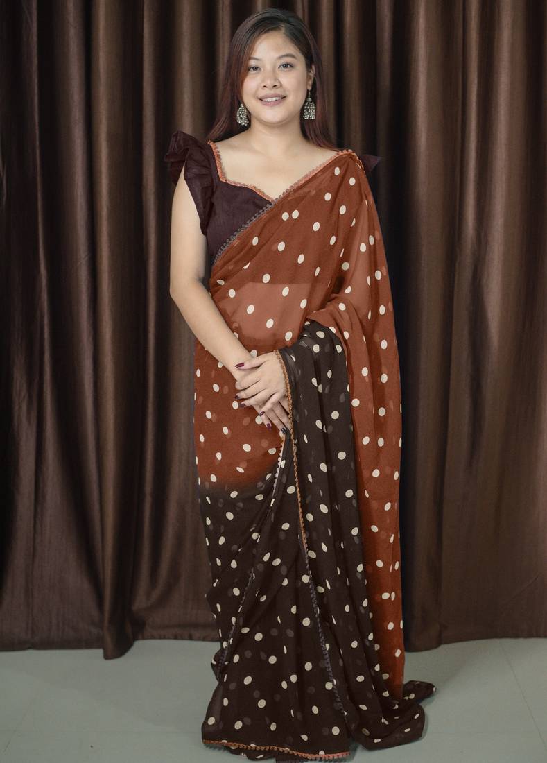 Mirchi fashion polka print georgette saree with unstitched blouse piece (brown)