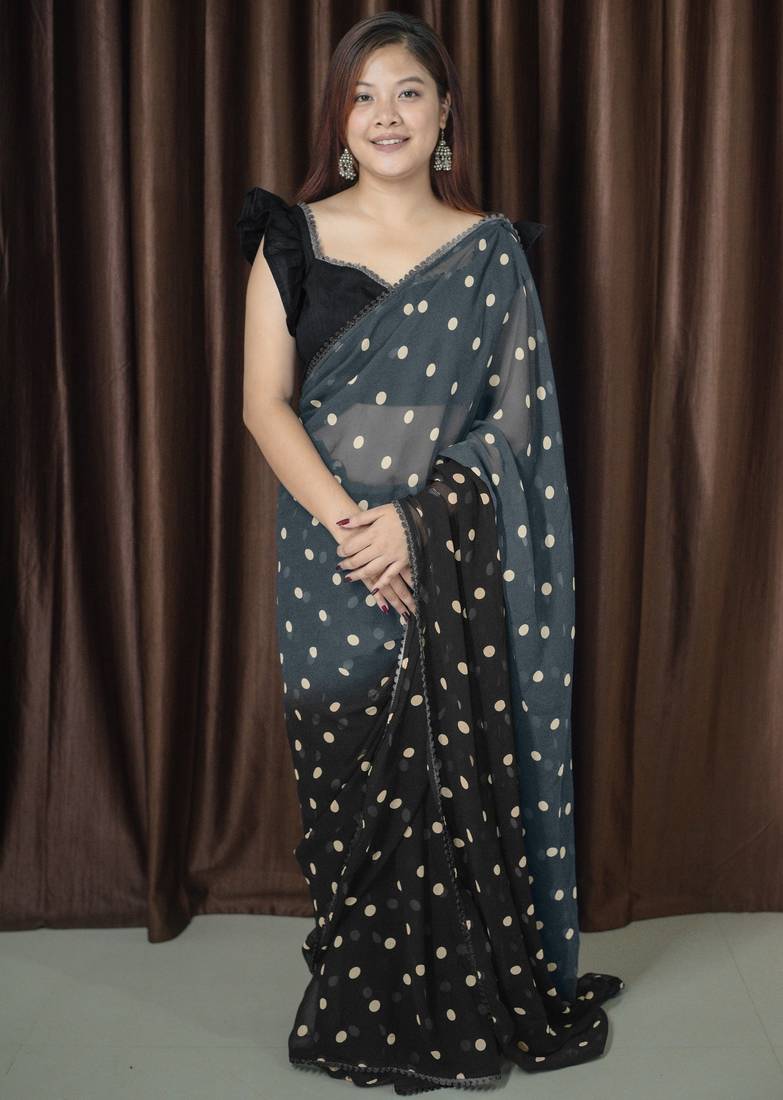 Mirchi fashion polka print georgette saree with unstitched blouse piece (grey)