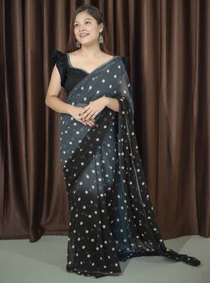 polka print georgette saree with unstitched blouse piece (grey) 2