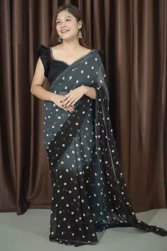 polka print georgette saree with unstitched blouse piece (grey)