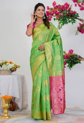 Subham woven design silk blend saree with unstitched blouse piece (green) 2