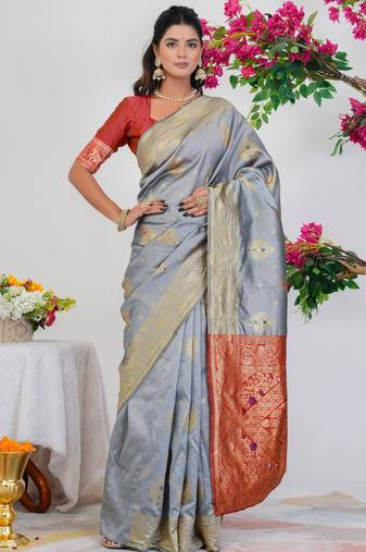 Subham woven design silk blend saree with unstitched blouse piece (grey)