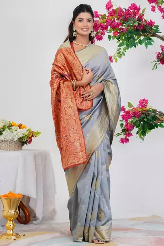 Subham woven design silk blend saree with unstitched blouse piece (grey)