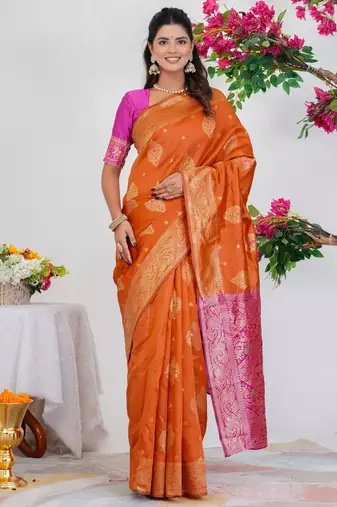 Subham woven design silk blend saree with unstitched blouse piece (orange)