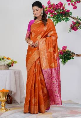 Subham woven design silk blend saree with unstitched blouse piece (orange) 2