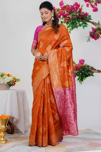Subham woven design silk blend saree with unstitched blouse piece (orange)