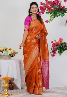 Subham woven design silk blend saree with unstitched blouse piece (orange) 3