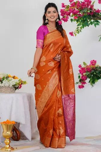 Subham woven design silk blend saree with unstitched blouse piece (orange)