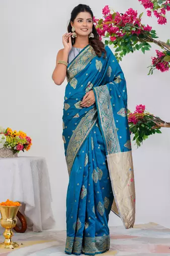 Subham woven design silk blend saree with unstitched blouse piece (turquoise)