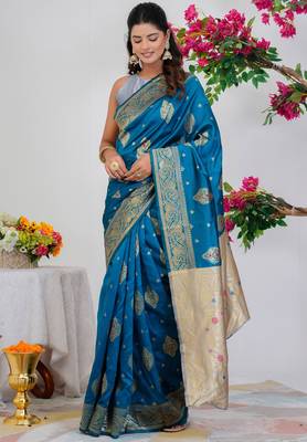 Subham woven design silk blend saree with unstitched blouse piece (turquoise) 3