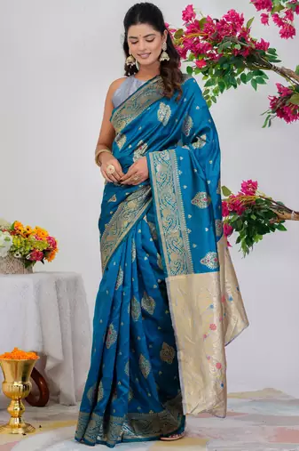 Subham woven design silk blend saree with unstitched blouse piece (turquoise)