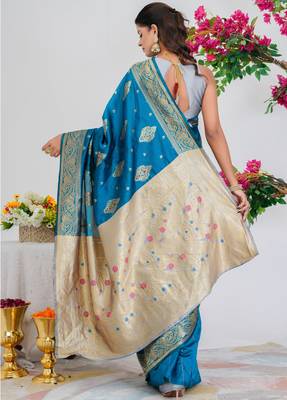 Subham woven design silk blend saree with unstitched blouse piece (turquoise) 4