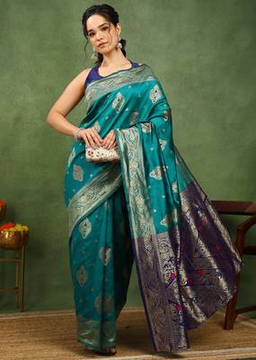 Subham woven design silk blend saree with unstitched blouse piece (green) 2