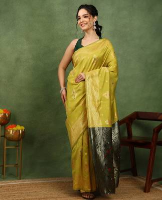 Subham woven design silk blend saree with unstitched blouse piece (yellow) 1