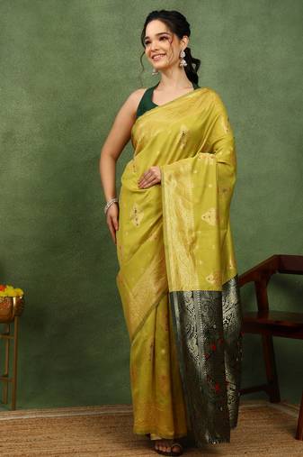 Subham woven design silk blend saree with unstitched blouse piece (yellow)