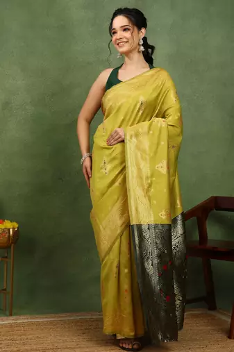 Subham woven design silk blend saree with unstitched blouse piece (yellow)