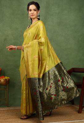 Subham woven design silk blend saree with unstitched blouse piece (yellow) 2