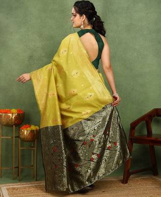 Subham woven design silk blend saree with unstitched blouse piece (yellow) 3