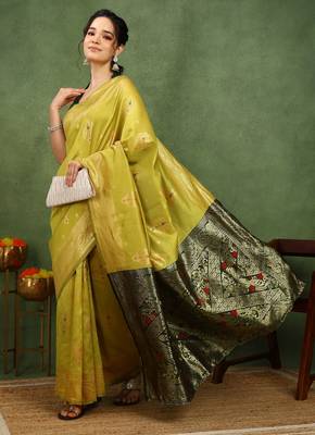 Subham woven design silk blend saree with unstitched blouse piece (yellow) 5