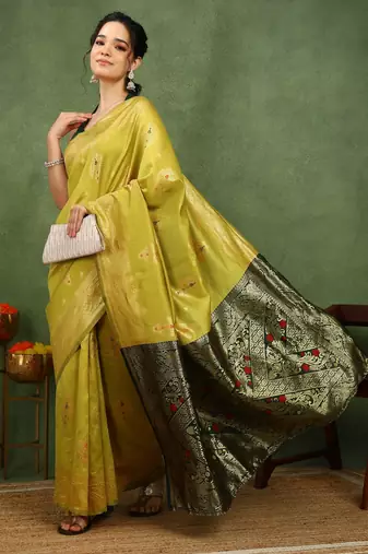 Subham woven design silk blend saree with unstitched blouse piece (yellow)