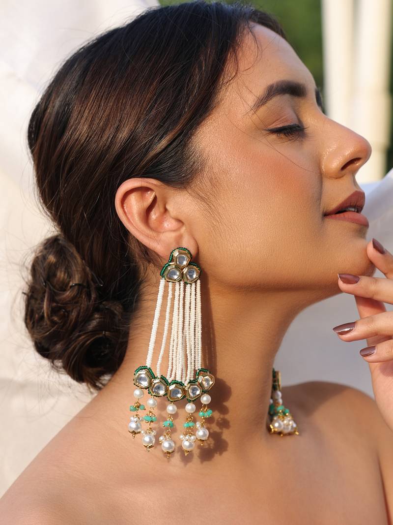 Mriga green kundan pearl earrings
